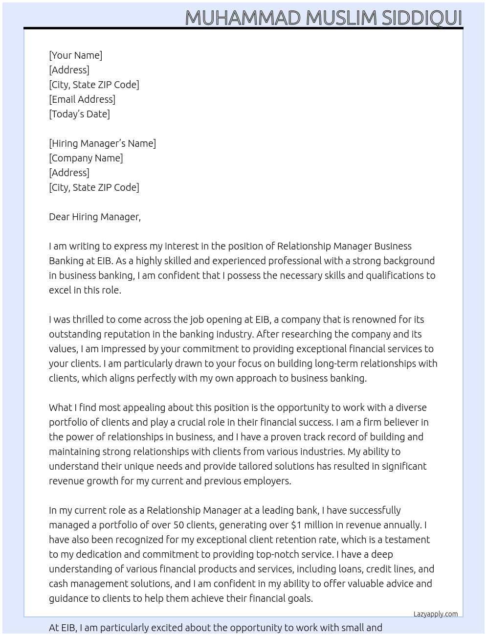 Relationship Manager Business Banking At EIB Cover Letter
