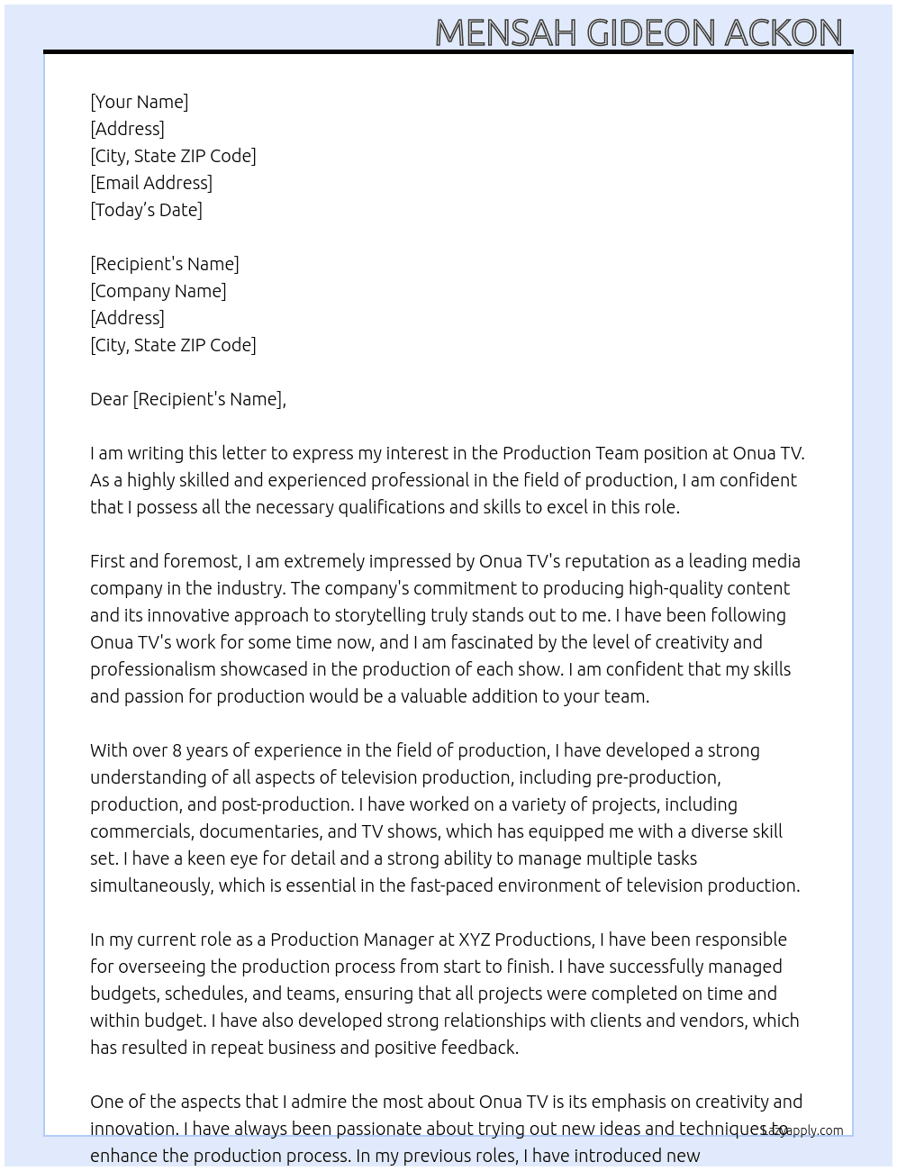 PRODUCTION TEAM At Onua TV Cover Letter