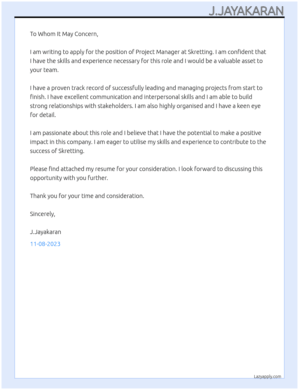 Project manager At Skretting Cover Letter