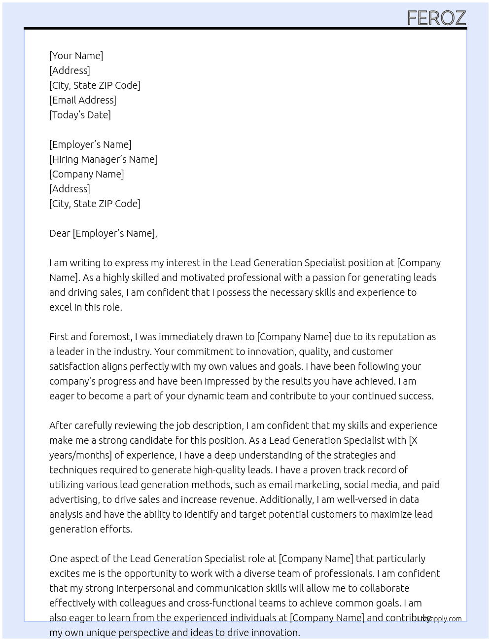 Lead generation specialist At xyz Cover Letter