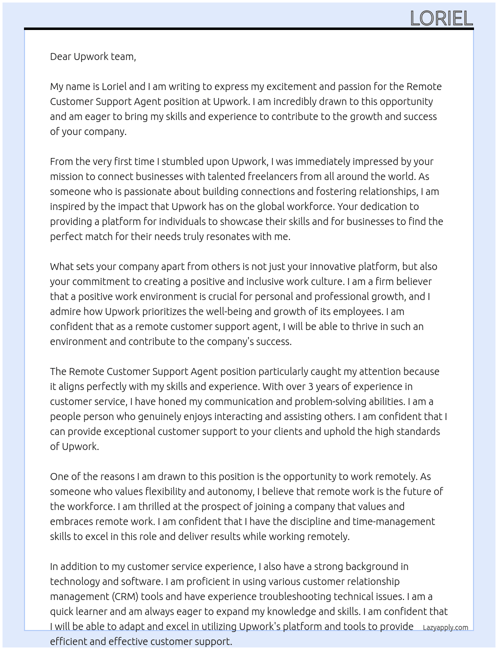 remote customer support agent At Upwork Cover Letter
