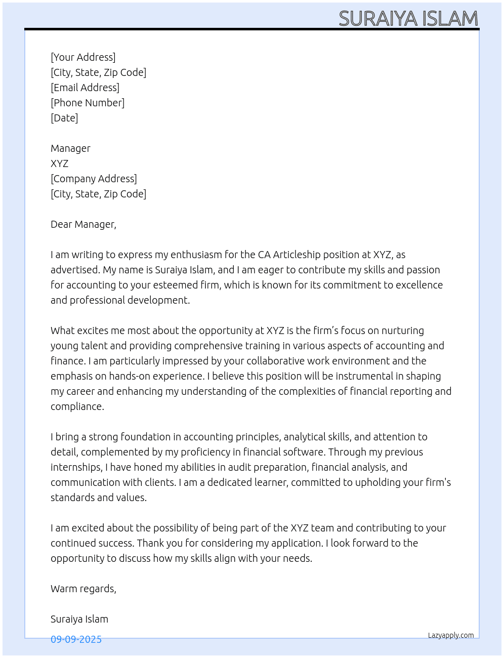 CA Articleship At xyz Cover Letter