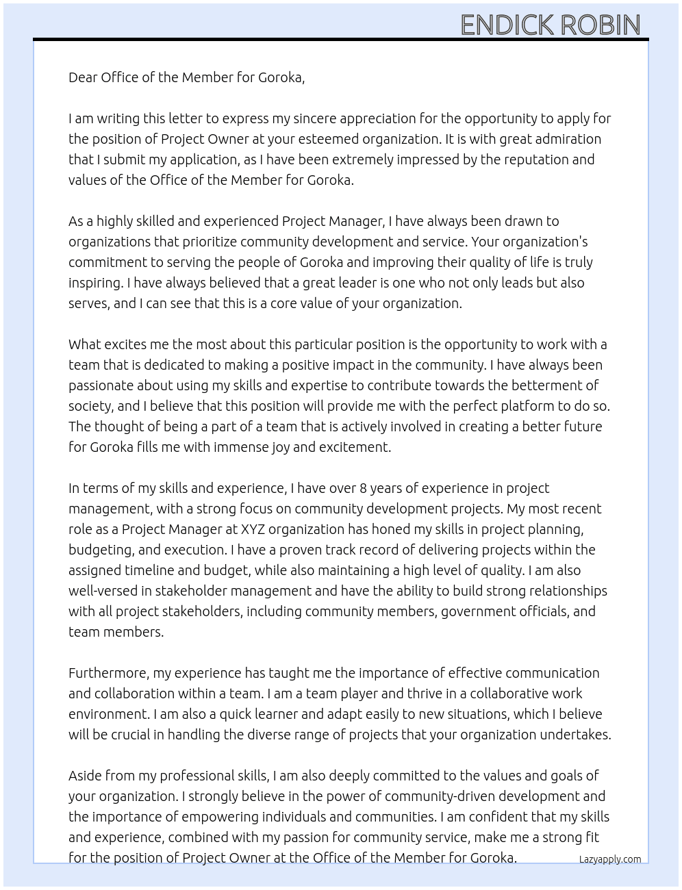 Project owner  At Office of the Member for Goroka  Cover Letter