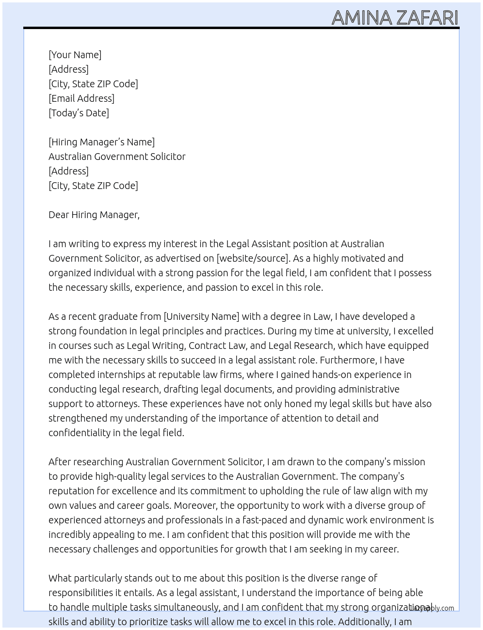 Legal Assistant At Australian Government Solicitor Cover Letter