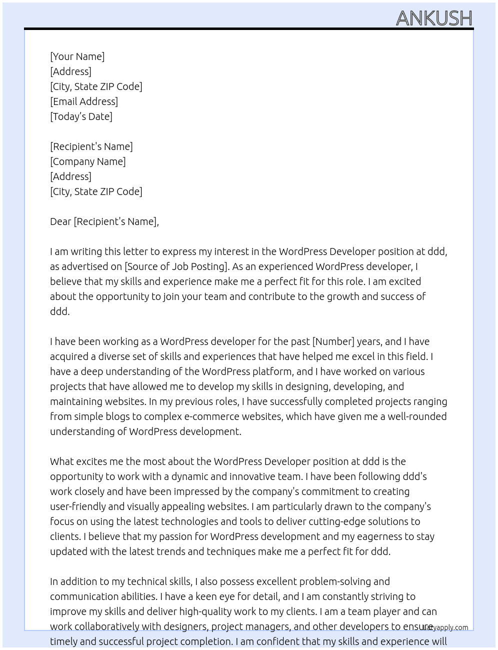 wordpress developer At ddd Cover Letter