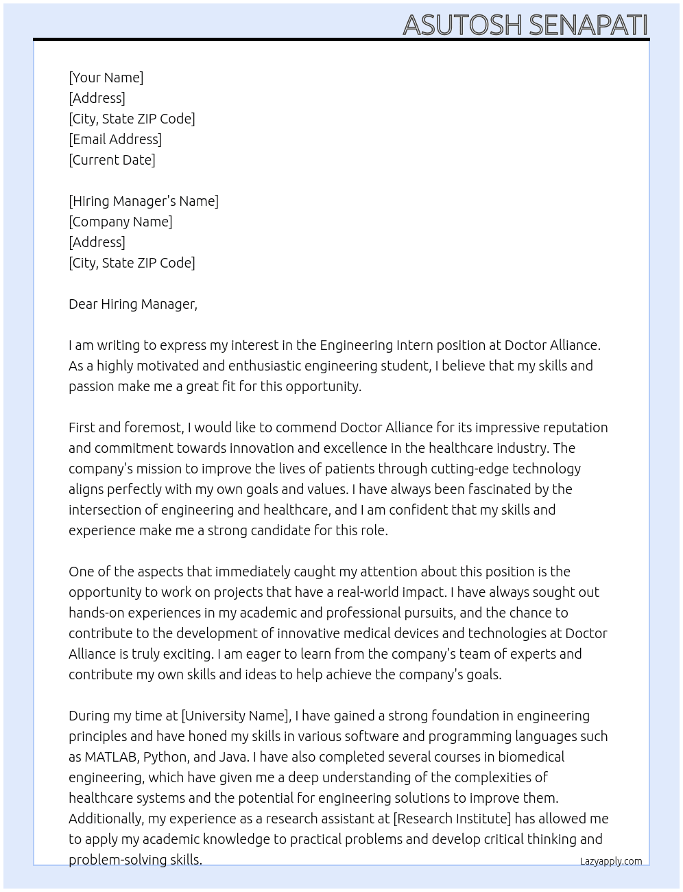 Engineering Intern At Doctor Alliance Cover Letter