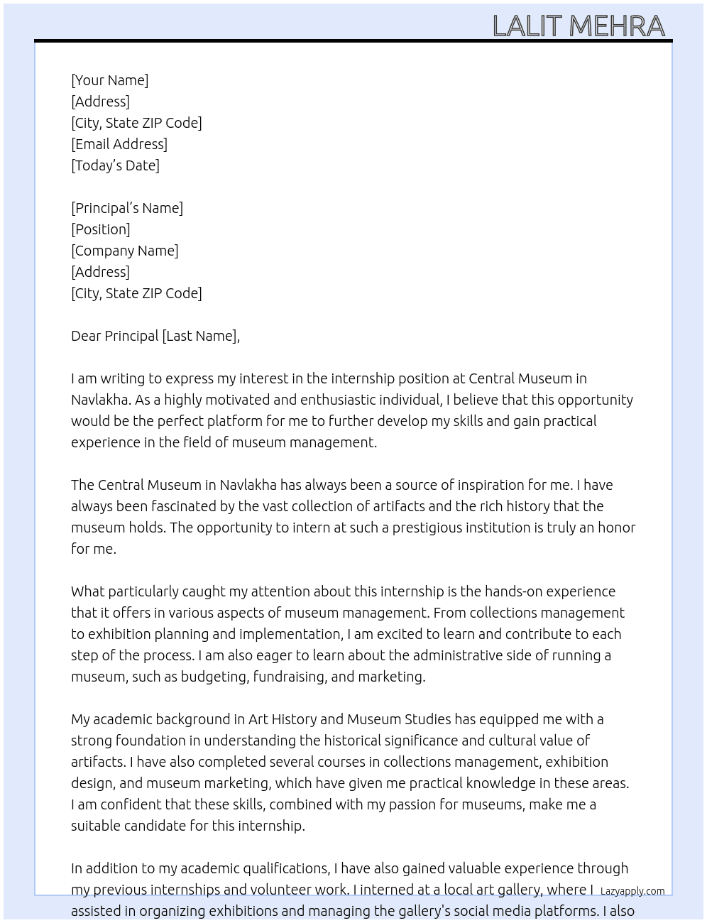 Cover letter for application for intership - LazyApply