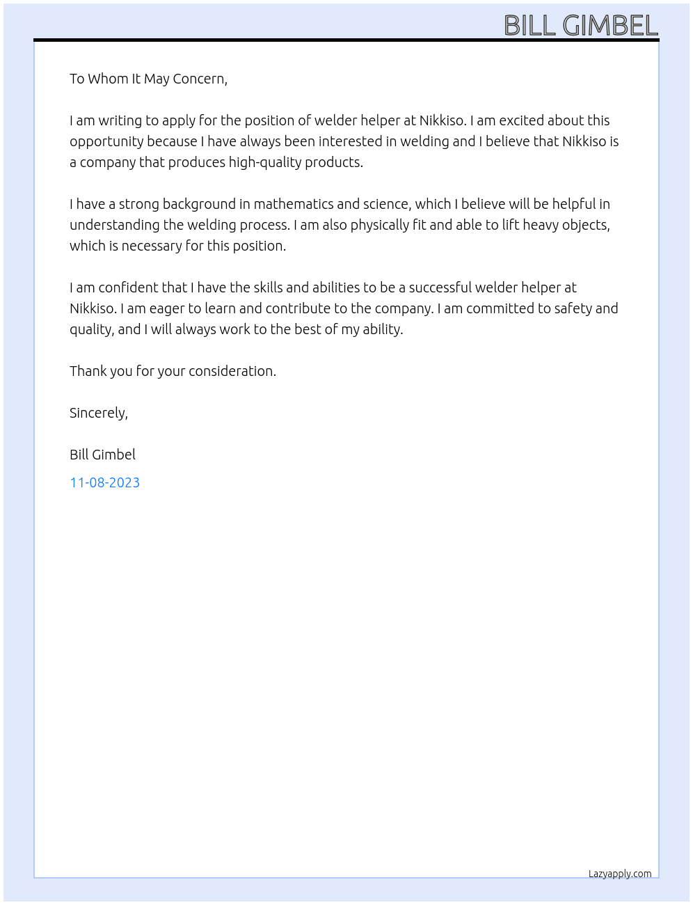 welder helper At Nikkiso Cover Letter