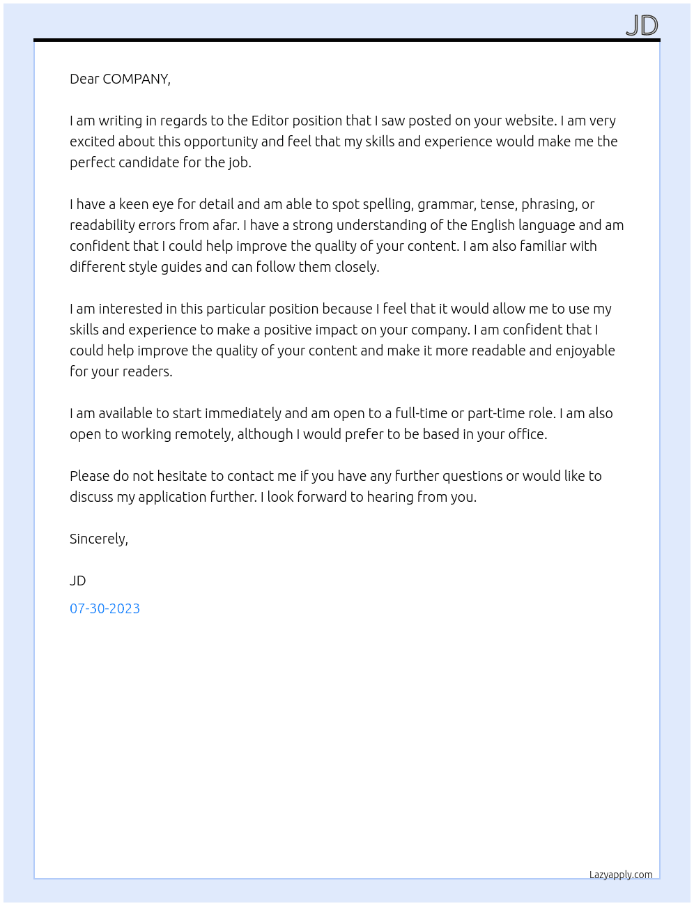 Editor At COMPANY Cover Letter