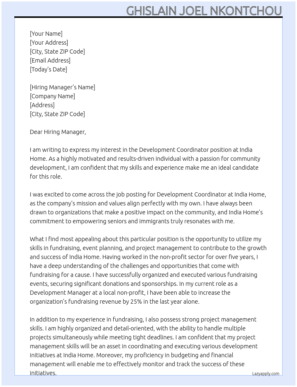 Development Coordinator At India Home Cover Letter
