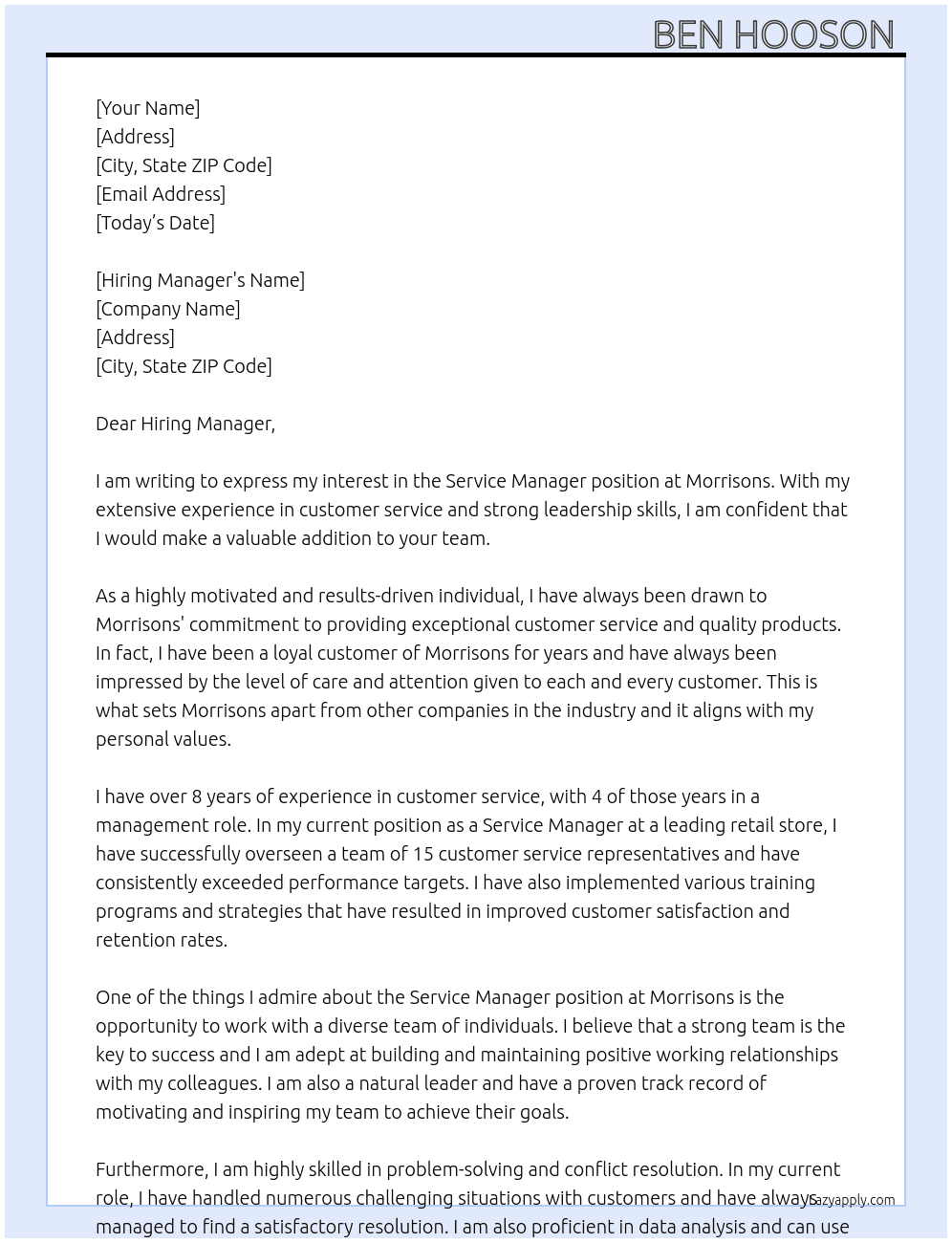 Service manager  At Morrisons Cover Letter