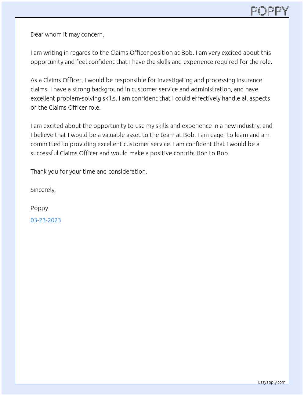 Claims officer  At bob Cover Letter
