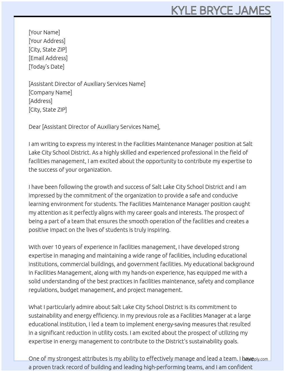 Facilities Maintenance Manager At Salt Lake City School District Cover Letter