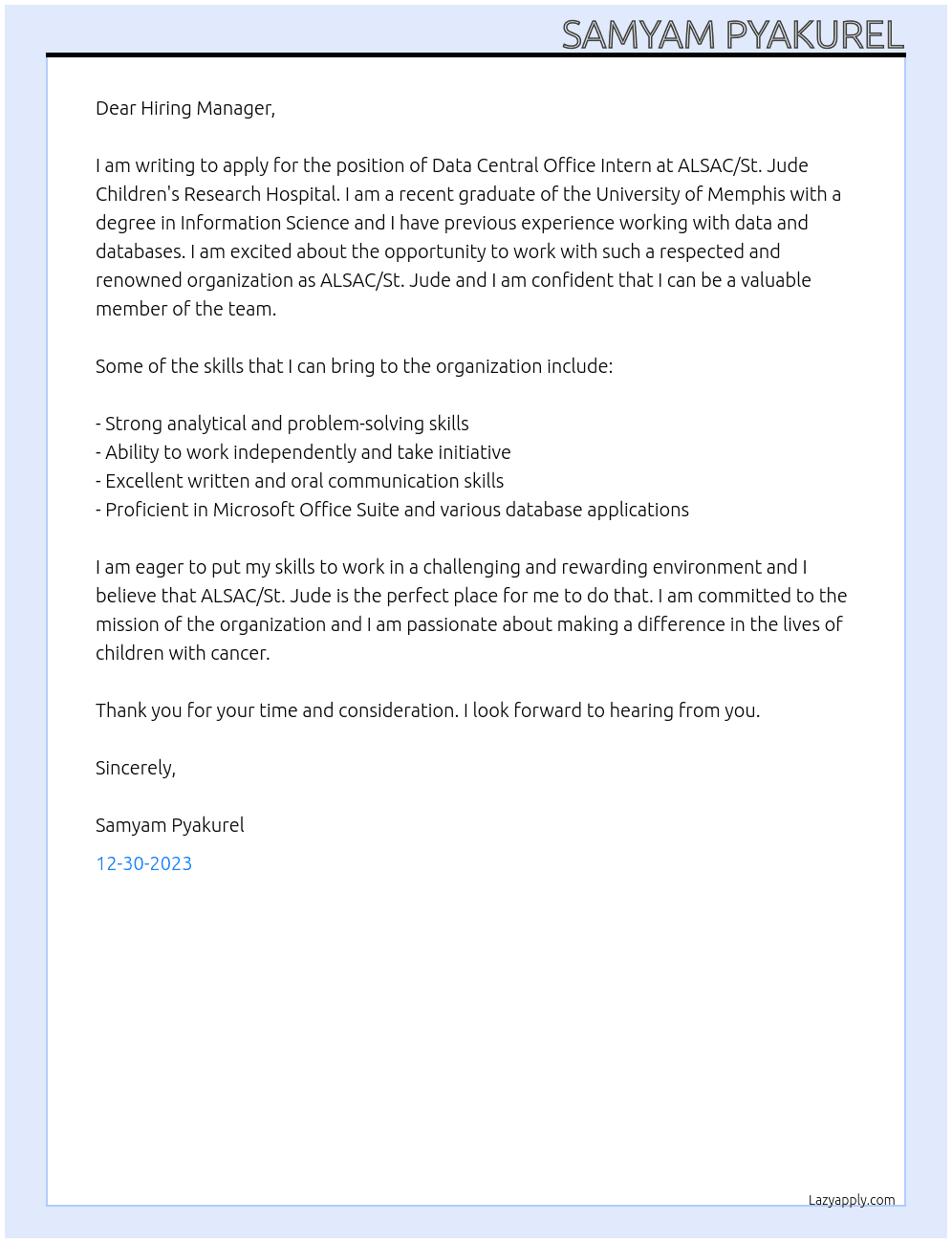 Data Central Office Intern At ALSAC/St. Jude Children's Research Hospital Cover Letter