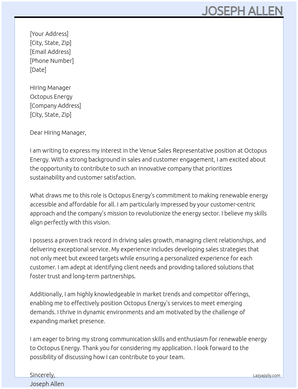 Venue Sales Representative At Octopus Energy Cover Letter