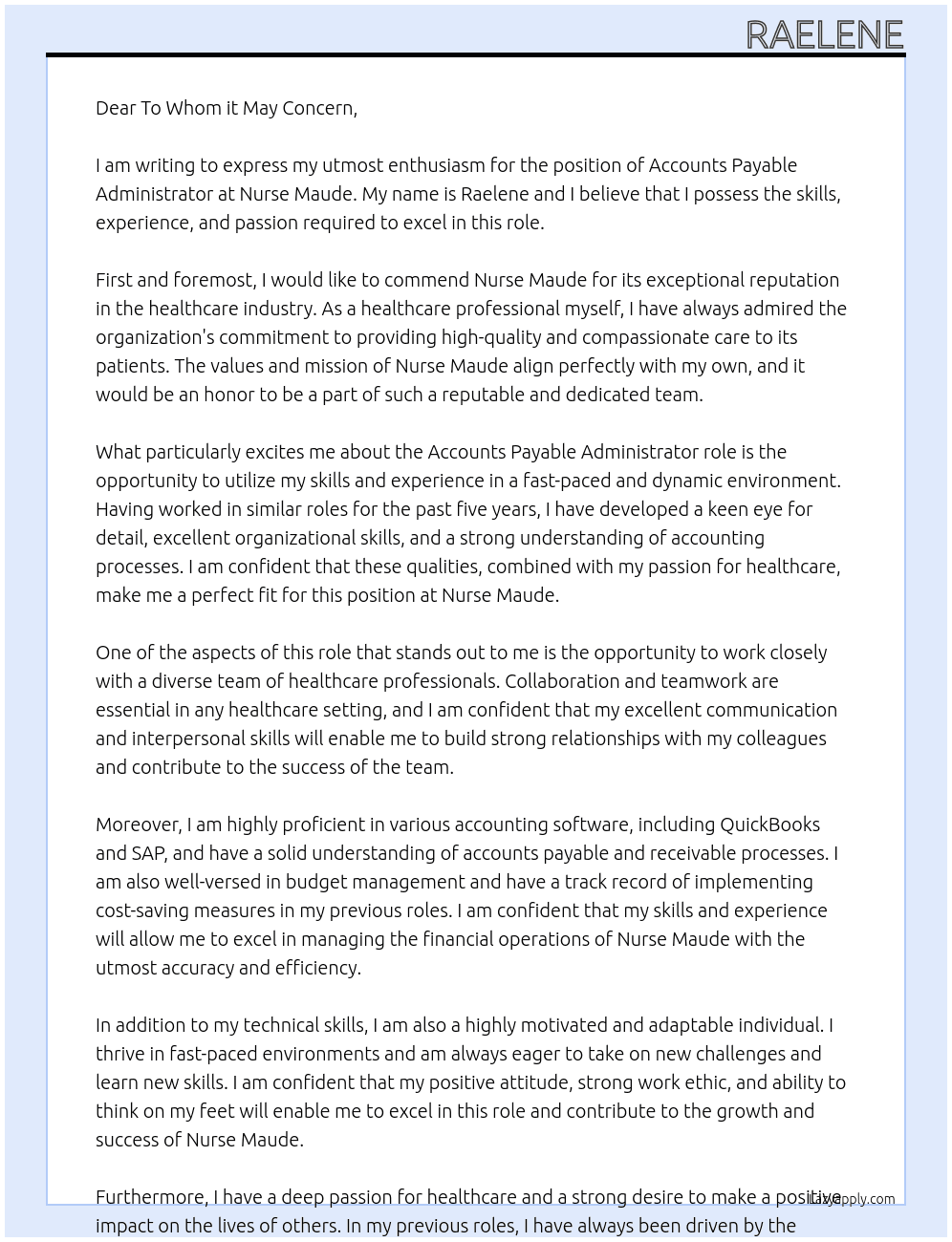 accounts payable administrator At Nurse Maude Cover Letter