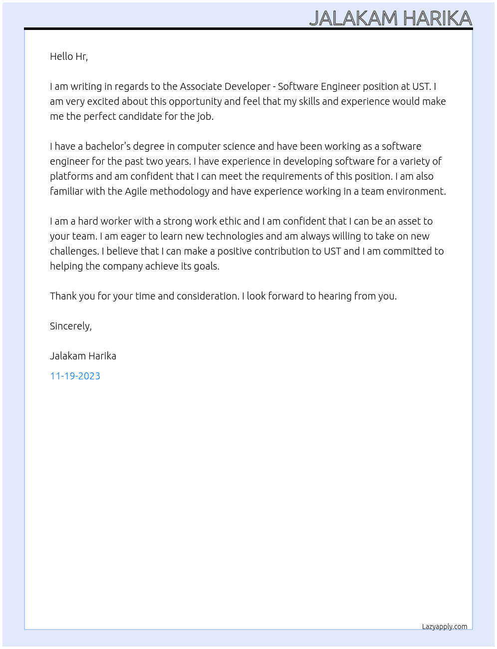 Associate Developer - Software Engineer  At UST Cover Letter