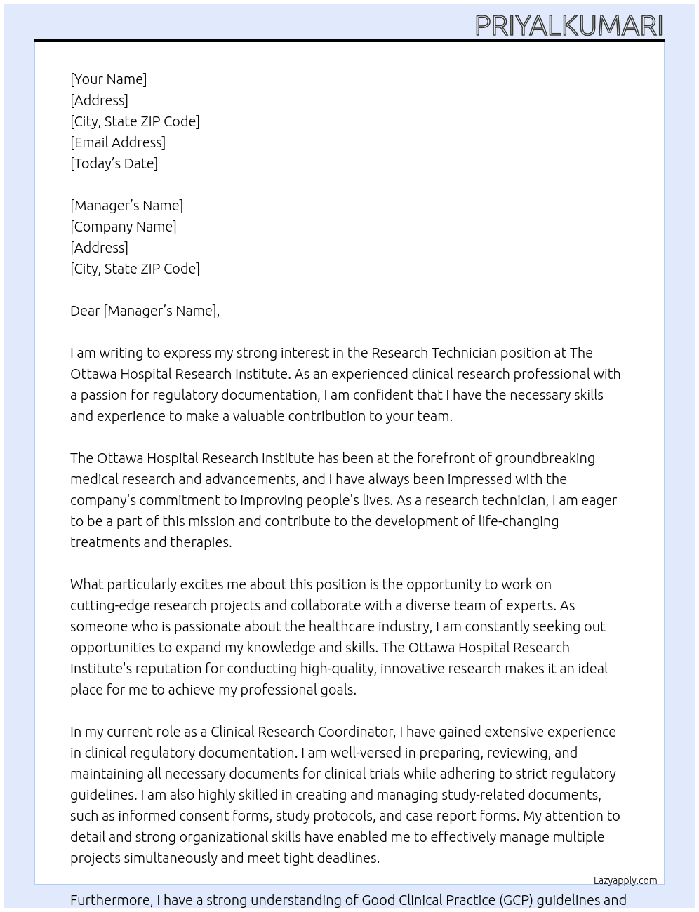 Research Technician At The Ottawa Hospital Research Institute Cover Letter