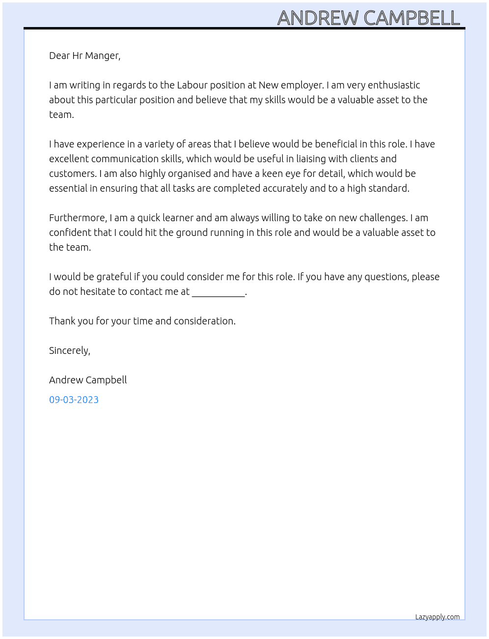 Labour  At New employer  Cover Letter
