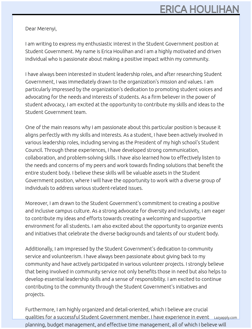 Student Goverment At Student Goverment Cover Letter