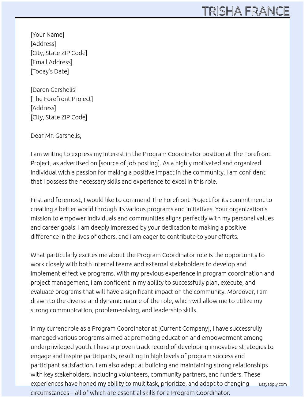 Program Coordinator At The Forefront Project Cover Letter