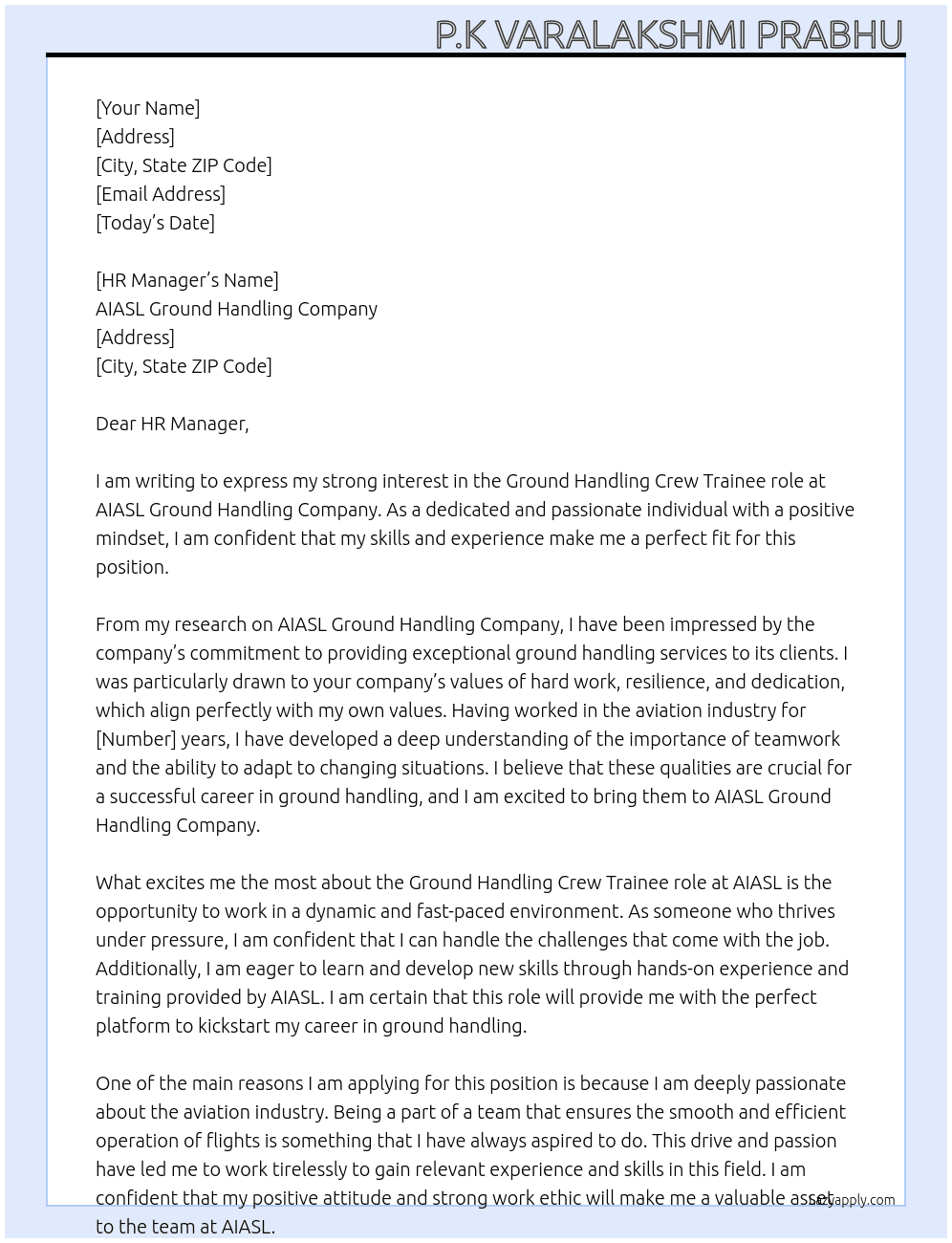Ground Handling crew. At AIASL ground handling company Cover Letter