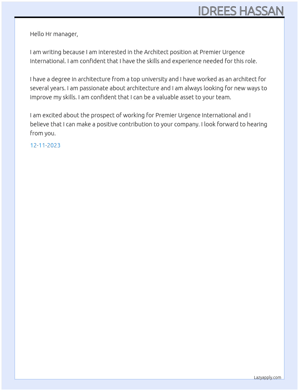 Architect  At Premier Urgence International  Cover Letter