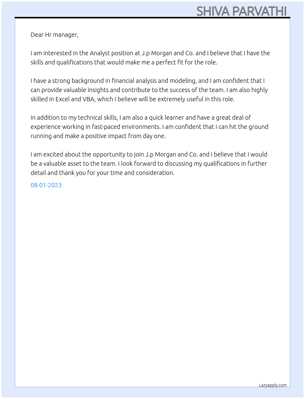 Analyst  At J.p Morgan and Co. Cover Letter