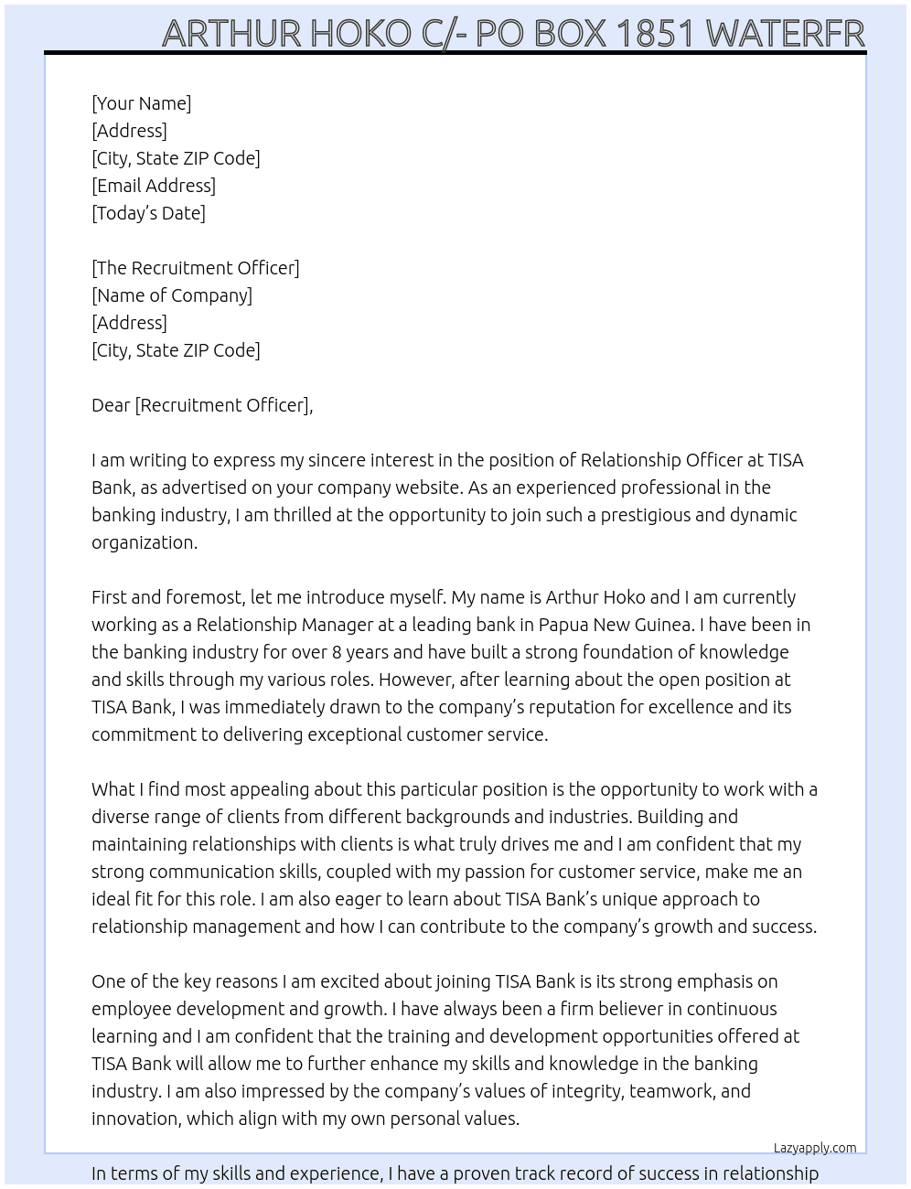 Relationship Officer At TISA Bank PO Box 319 Waigani NCD Cover Letter