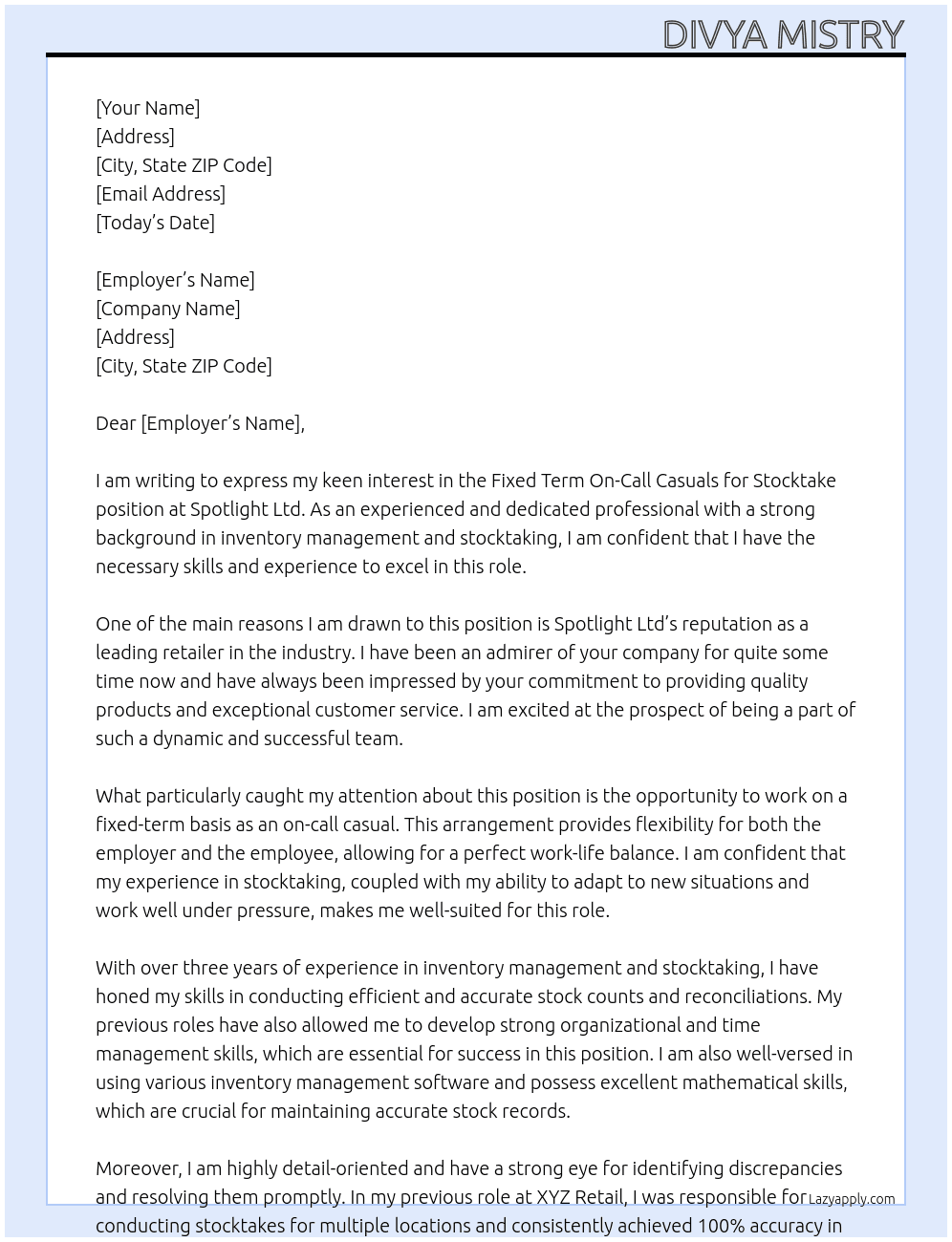 Fixed Term On-Call Casuals for Stocktake At Spotlight Ltd Cover Letter