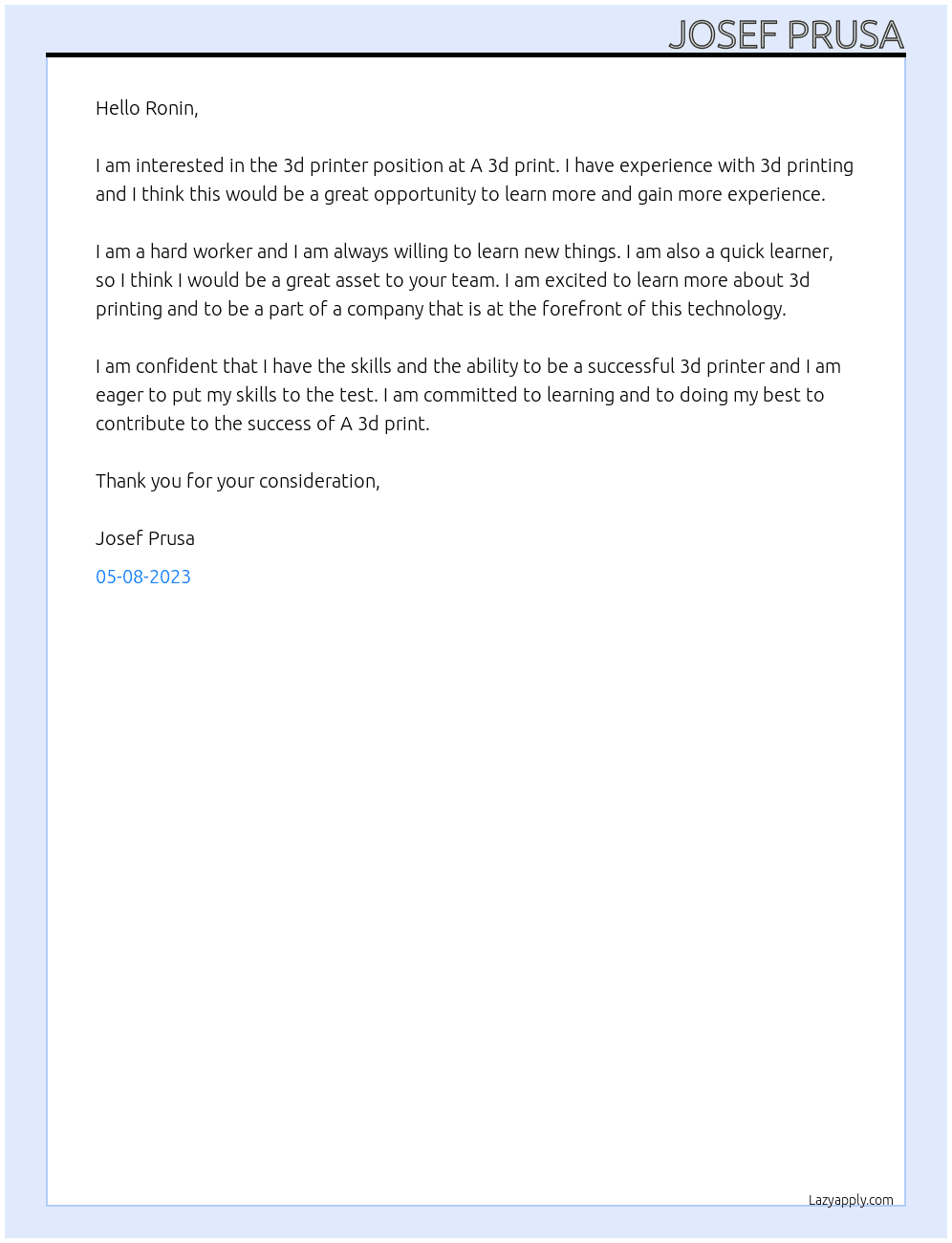 3d printer At A 3d print Cover Letter
