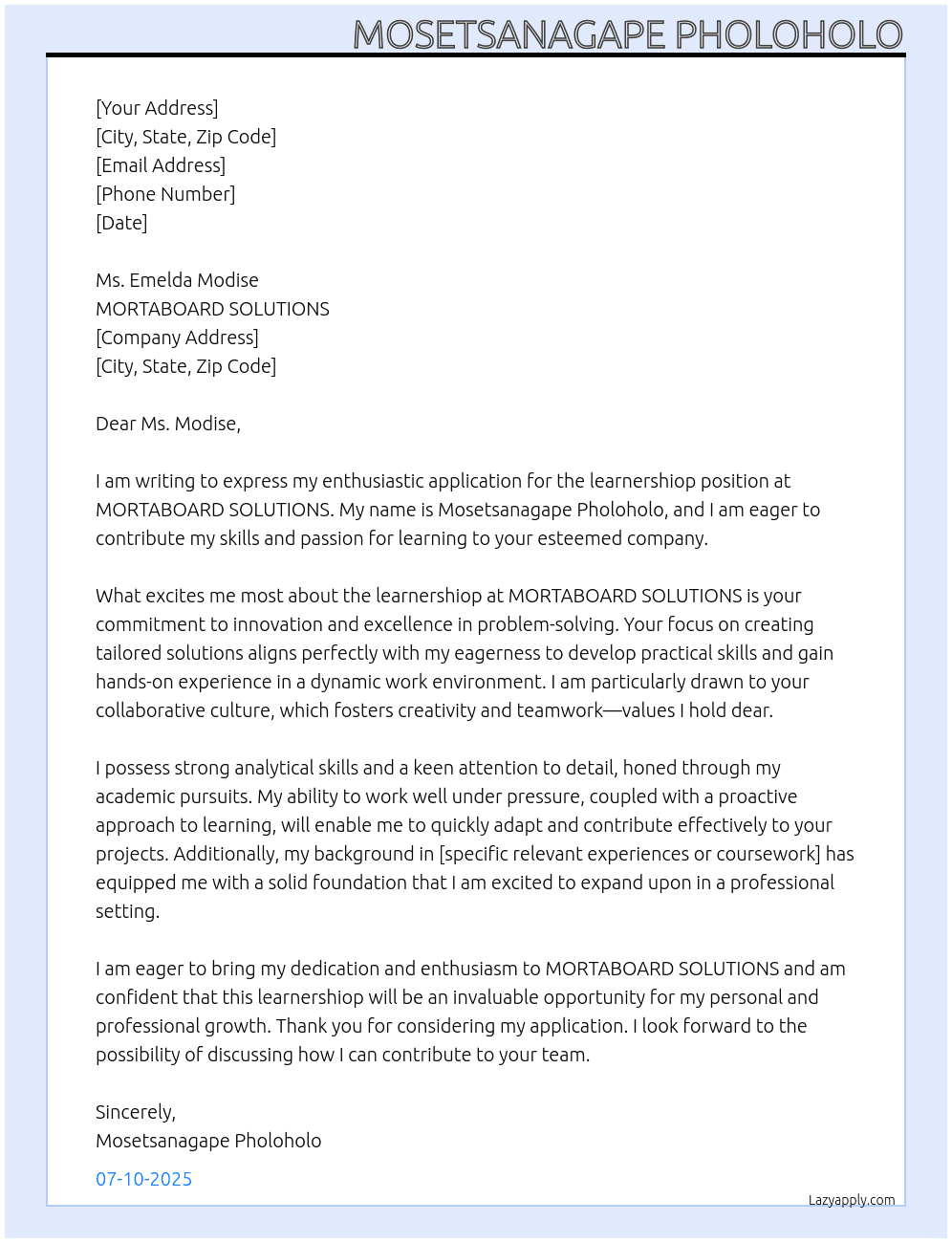 Cover letter for learneship - LazyApply