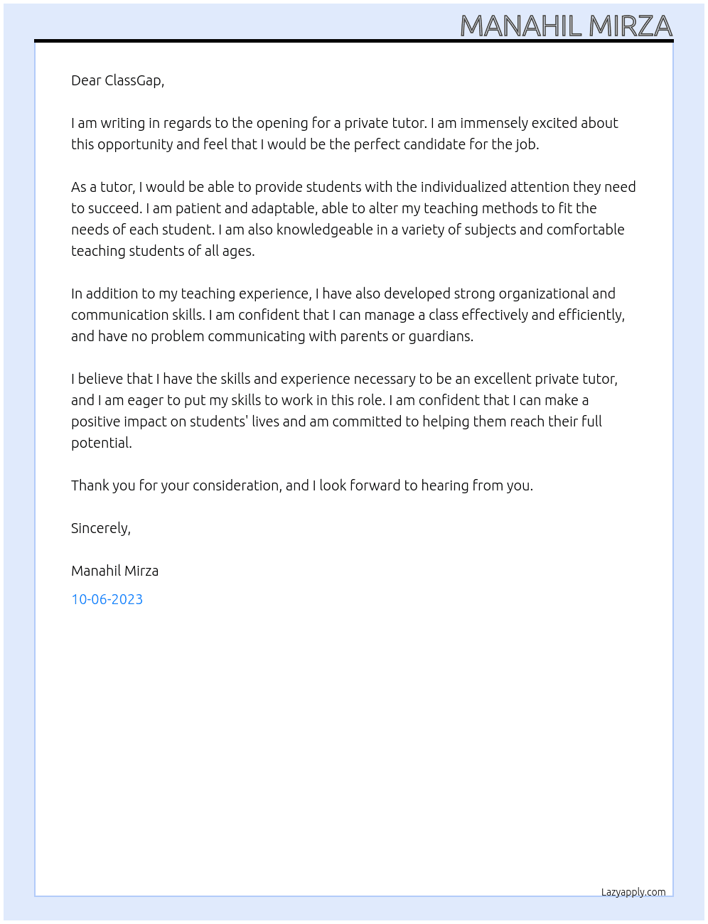 Private Tutor  At ClassGap Cover Letter