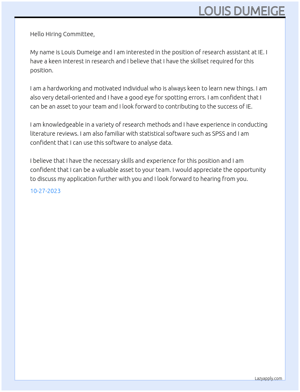 Research assistant At IE  Cover Letter