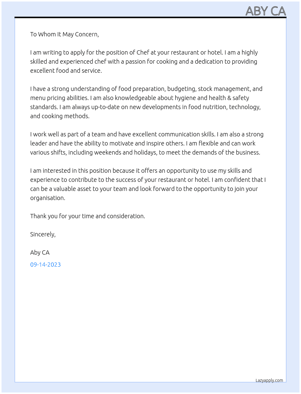 Chef At restaurant or hotel Cover Letter