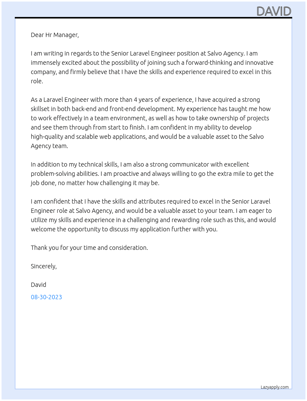 Laravel Engineer At salvo agency Cover Letter