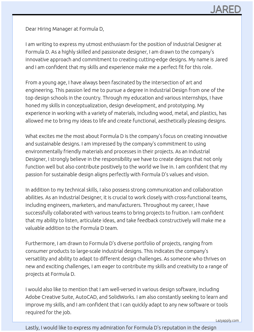 Industrial designer At Formula D Cover Letter