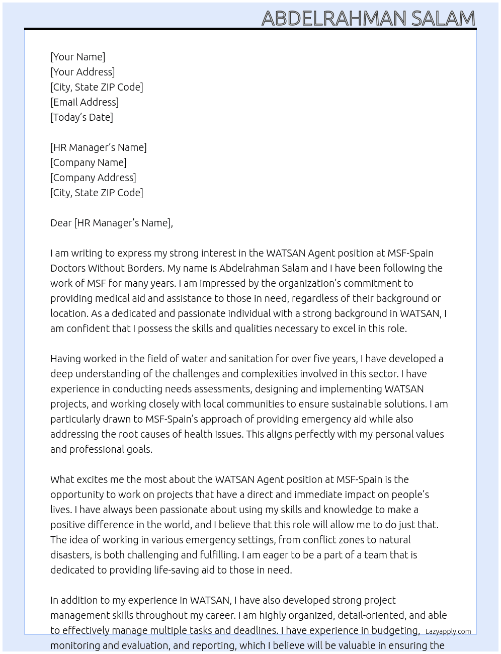  WATSAN Agent At MSF-Spain Doctors Without Borders  Cover Letter