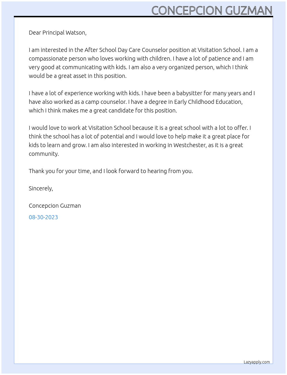 After School Day Care Counselor At Visitation School Cover Letter