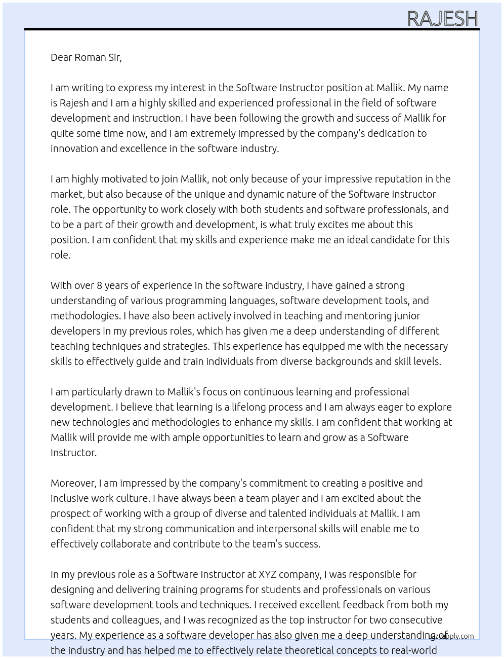 Software Instructor At Mallik Cover Letter