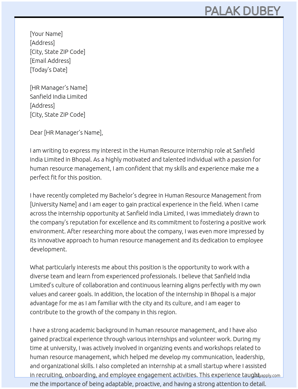 Human resource  At Sanfield India limited  Cover Letter