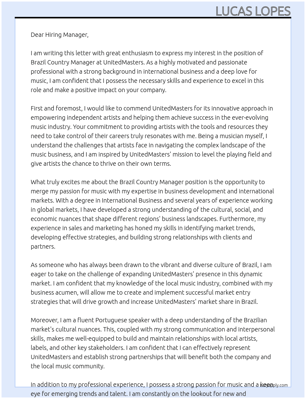 Brazil Country Manager At UnitedMasters Cover Letter