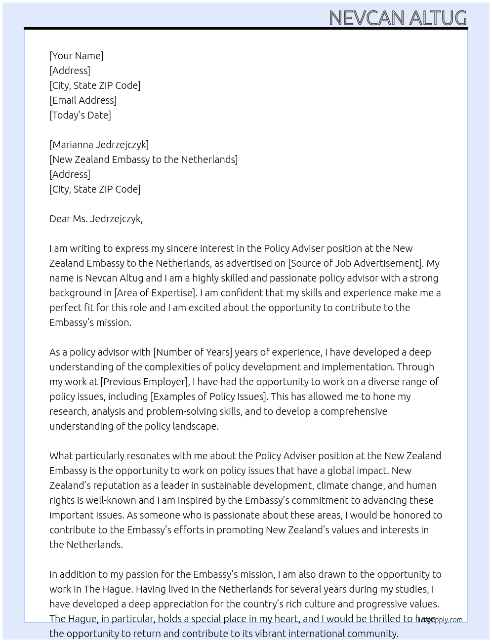 Policy Adviser At New Zealand Embassy to the Netherlands  Cover Letter