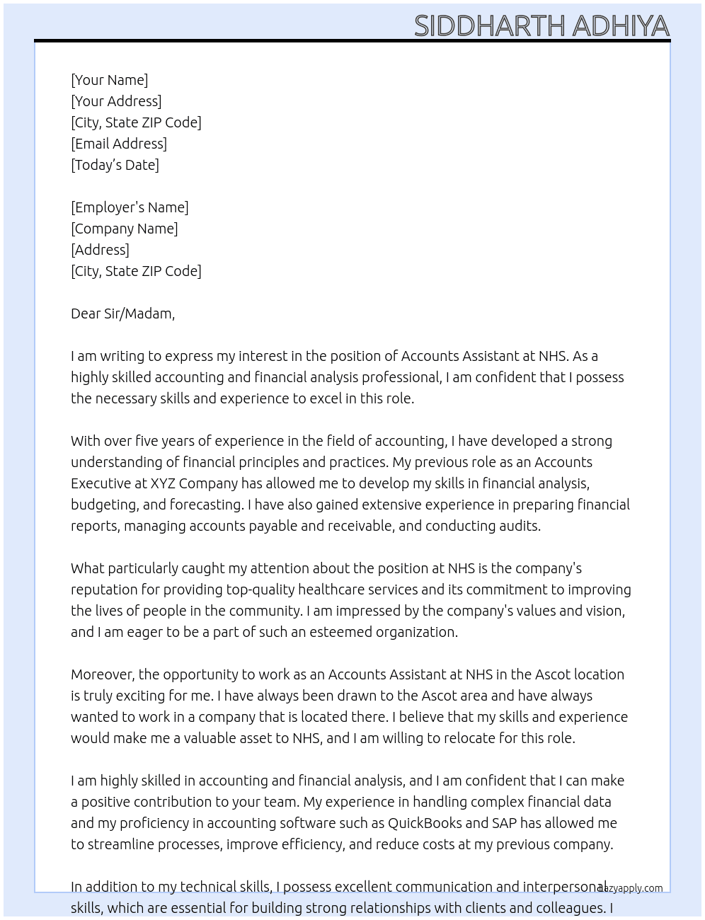 Accounts Assistant At NHS Cover Letter