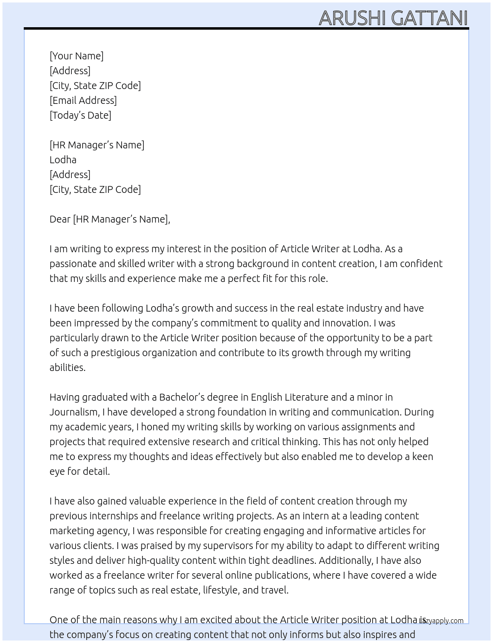 Article At Lodha Cover Letter