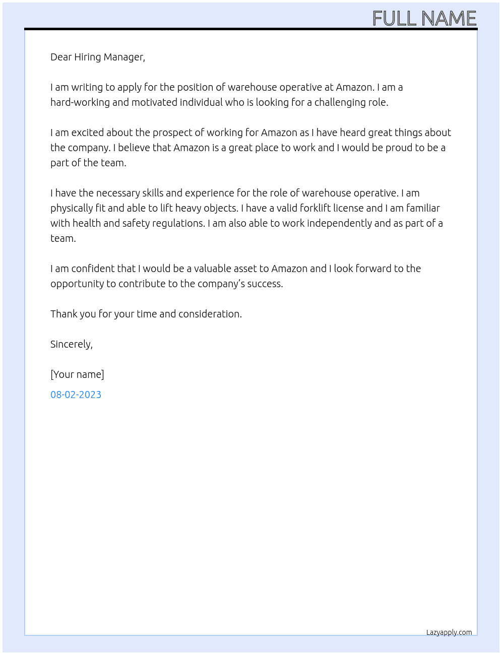 warehouse operative At Amazon  Cover Letter