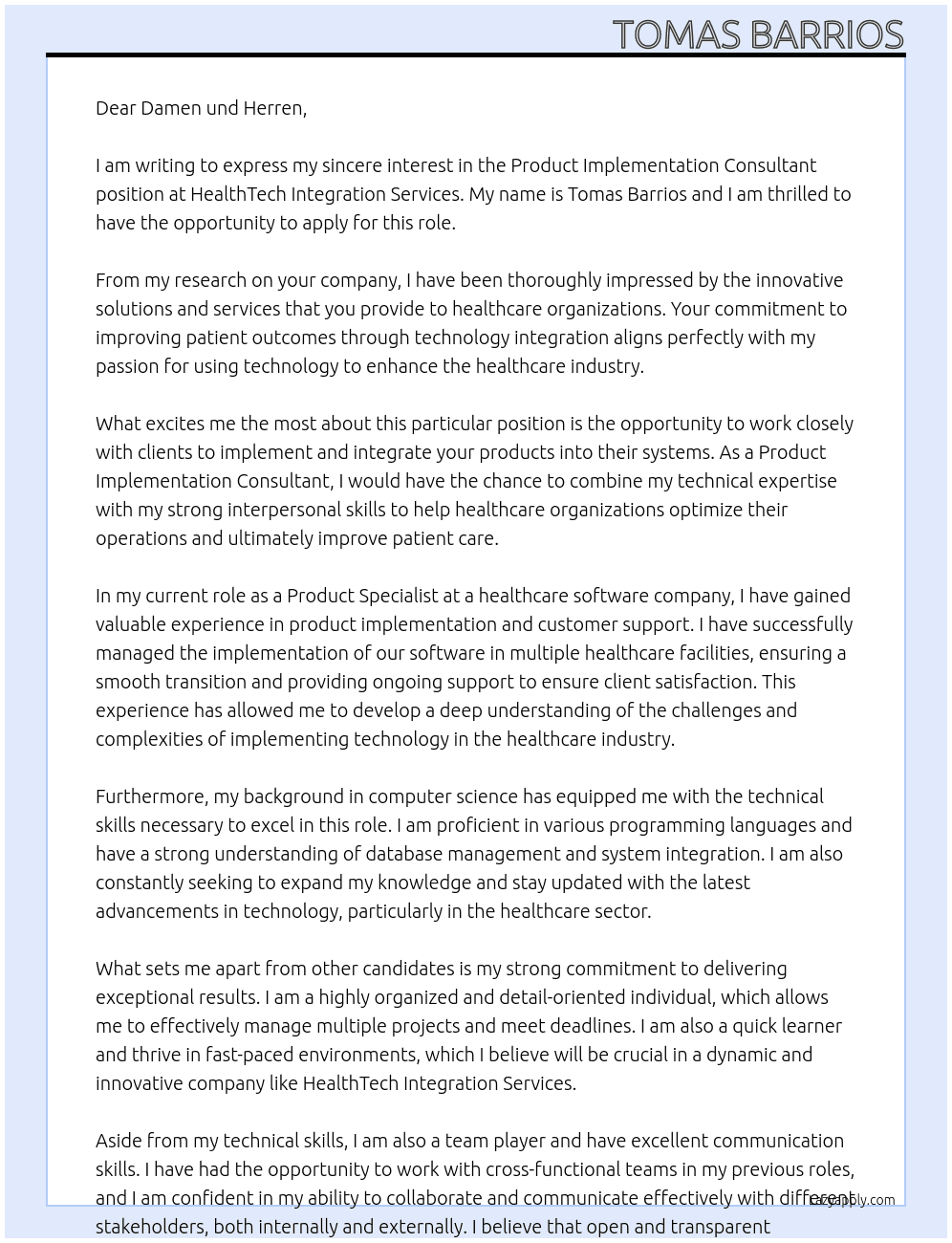 Product Implementation Consultant At HealthTech Integration Services Cover Letter