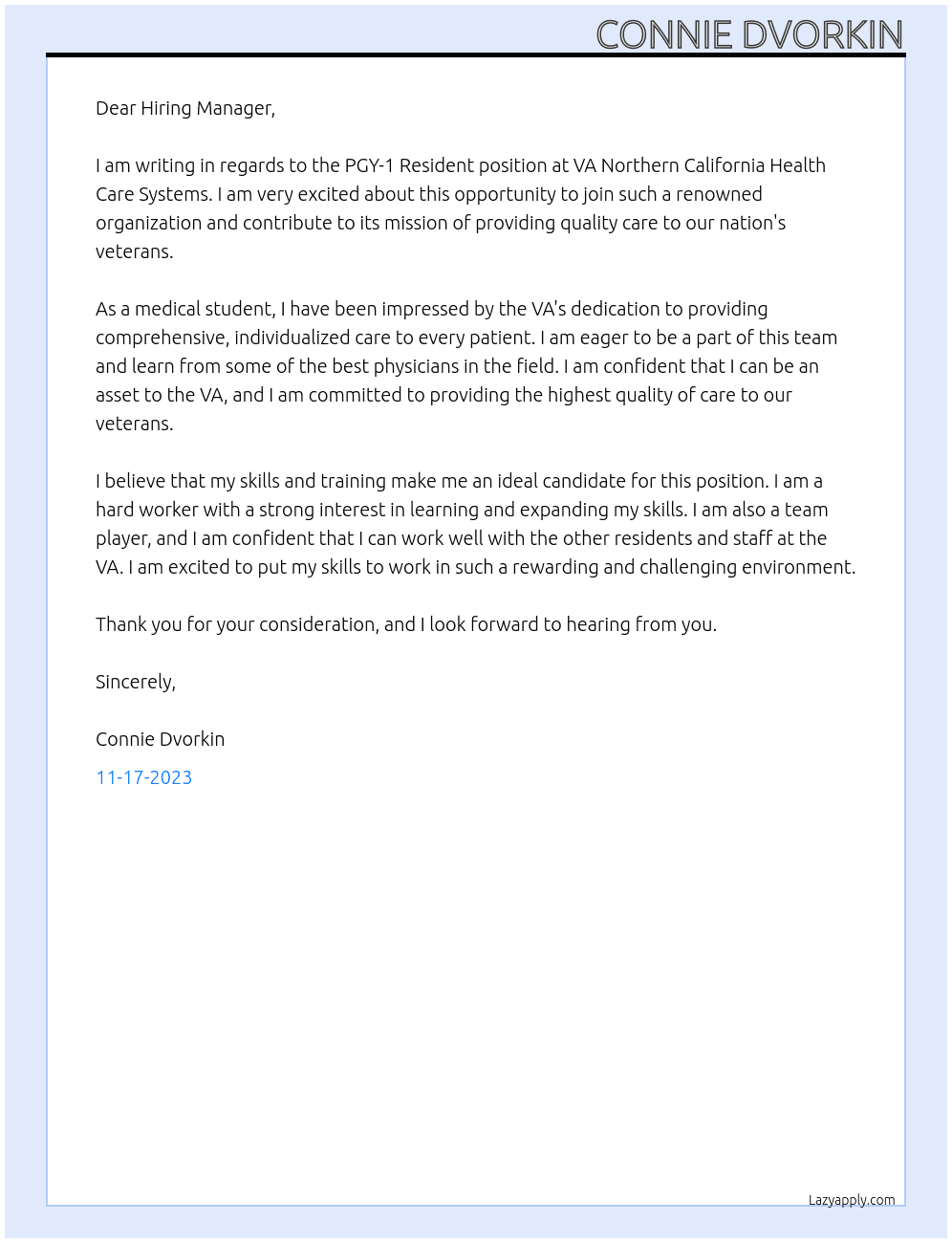 PGY-1 Resident At VA Northern California Health Care Systems Cover Letter