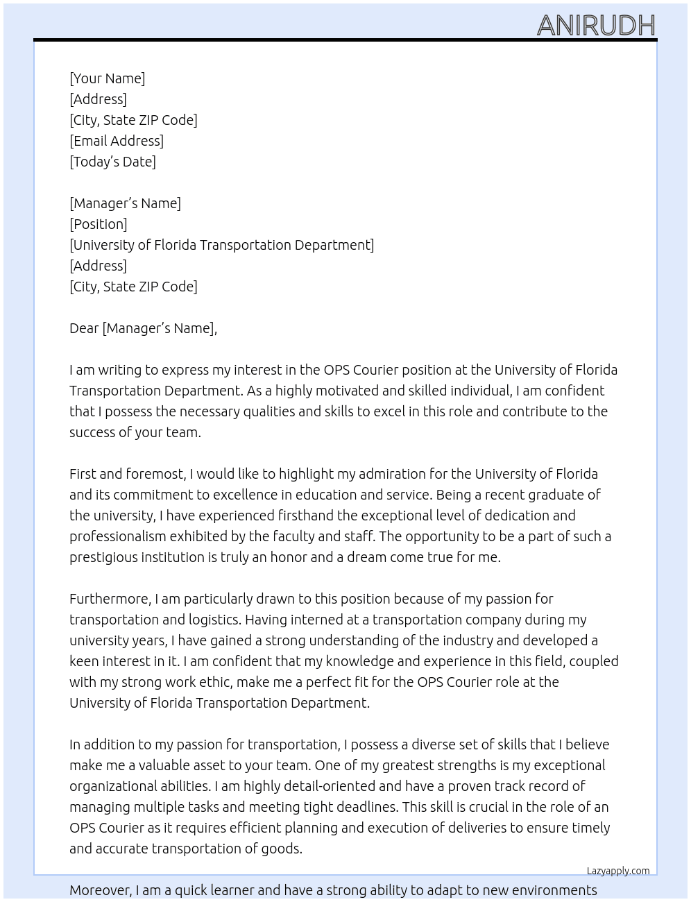 OPS Corrier At University of Florida Transportation department Cover Letter