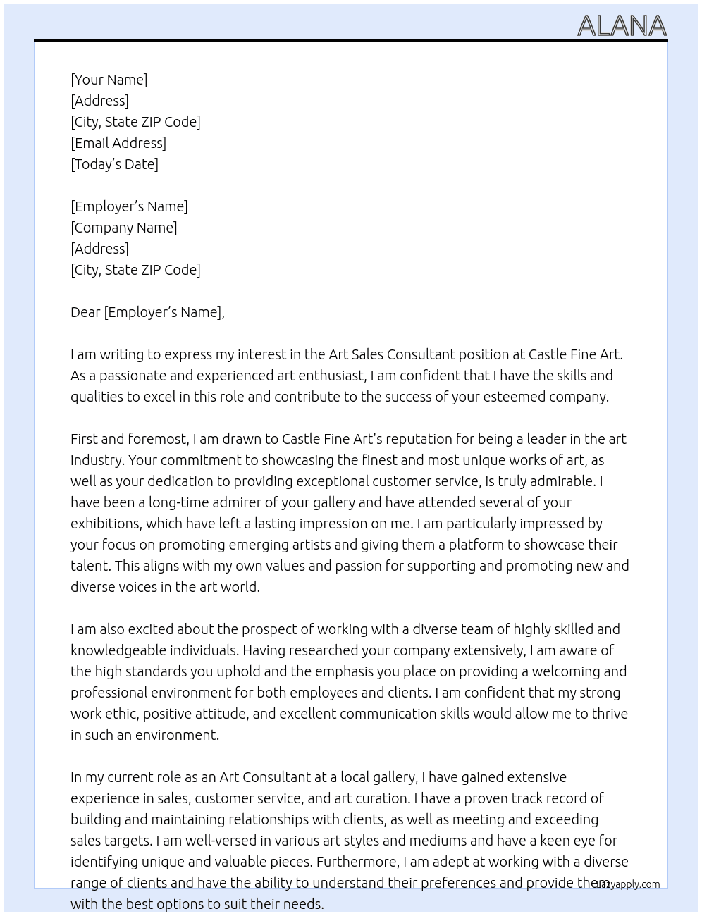 art sales consultant At castle fine art Cover Letter